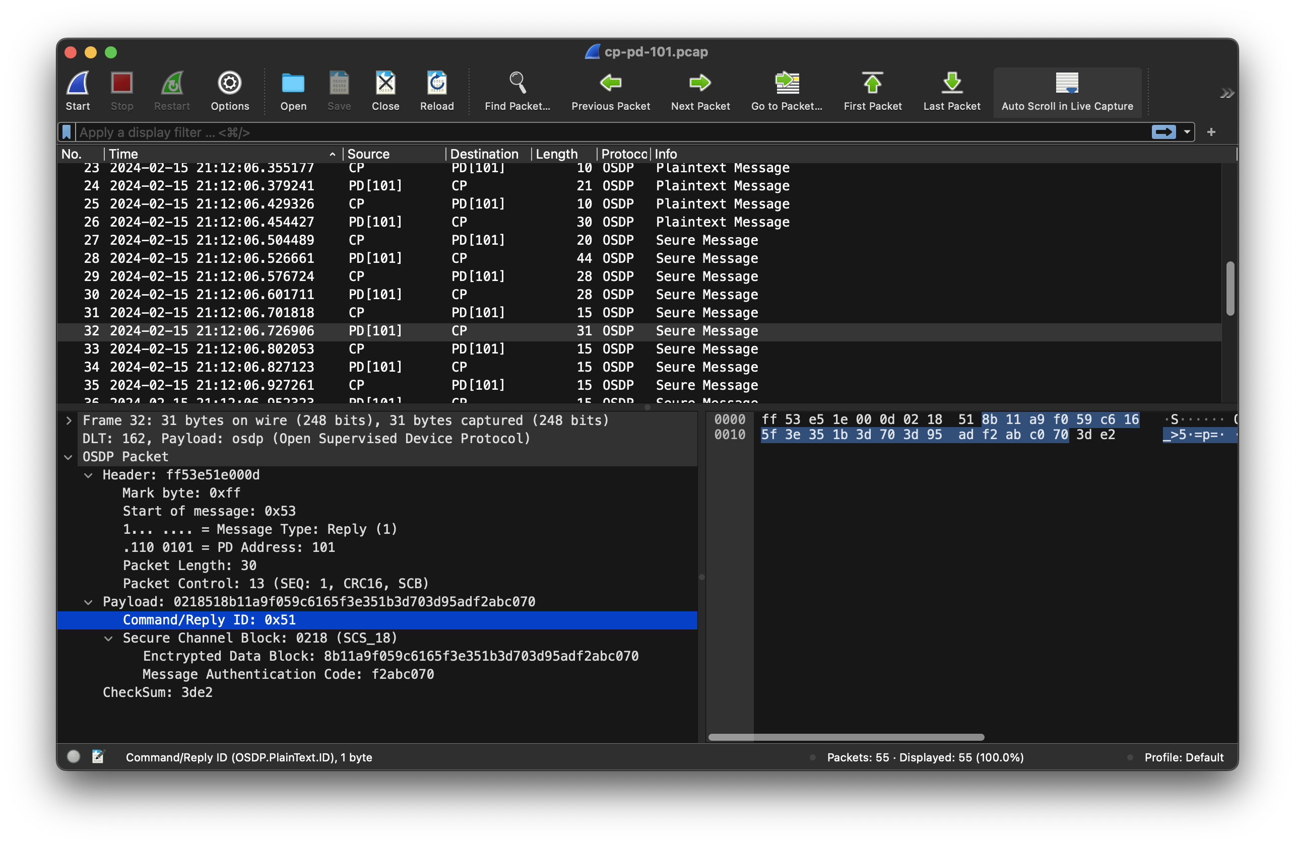 Wireshark OSDP protocol screenshot